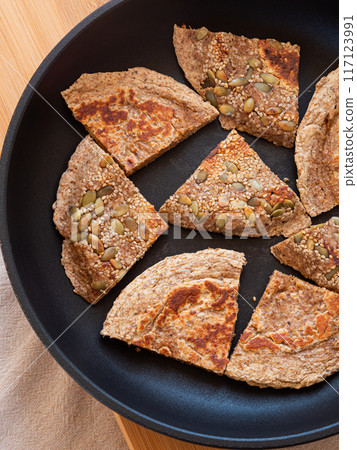 Closeup of homemade protein keto bread in skillet outdoors 117123991