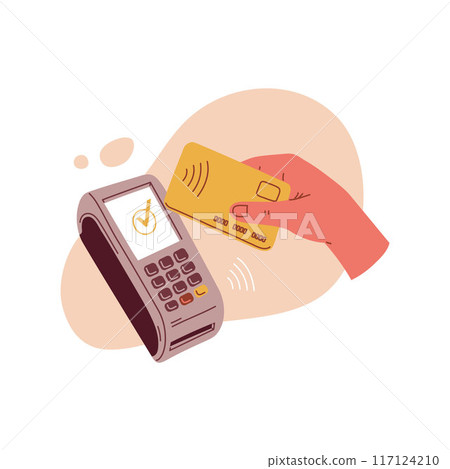Person pays by bank plastic card, contactless payment wireless system, POS terminal service, vector banking technology Person pays by bank plastic card, contactless payment wireless system, POS terminal service, vector banking technology 117124210