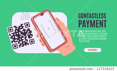 Vector illustration of contactless payment using phone and QR code. Vector illustration of contactless payment using phone and QR code. 117124225