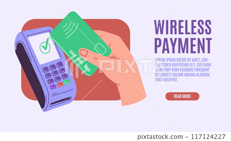 Person pays by bank plastic card, contactless payment wireless system, banking POS terminal service, vector landing page 117124227