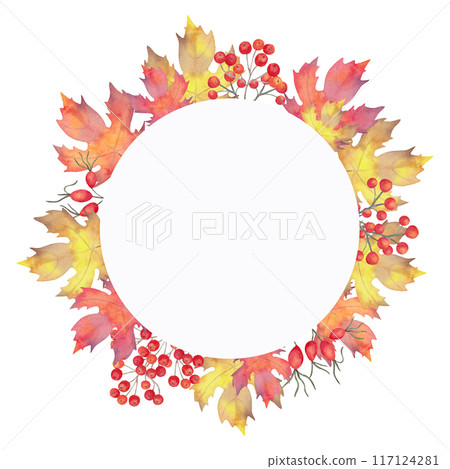 Round autumn frame of autumn leaves with rowan berries, rose hips. Hand drawn botanical elements. Watercolor illustration. Banner for invitations, quotes and decorations for Thanksgiving, Halloween. Round autumn frame of autumn leaves with rowan berries, rose hips. Hand drawn botanical elements. Watercolor illustration. Banner for invitations, quotes and decorations for Thanksgiving, Halloween. 117124281