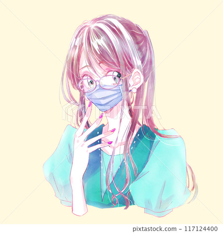 A woman with a ponytail and glasses wearing a mask A woman with a ponytail and glasses wearing a mask 117124400