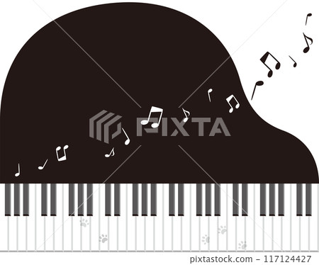 Vector illustration of a simple piano keyboard seen from above with musical notes flowing / with cat paw prints Vector illustration of a simple piano keyboard seen from above with musical notes flowing / with cat paw prints 117124427