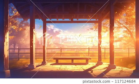 Park bench gazebo anime game sunny evening 117124684