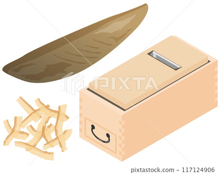 鰹魚片、鰹魚片 (katsuobushi) 和鰹魚片刮鬍刀 (katsuobushi 刮鬍刀) 的向量插圖。設定插圖。 鰹魚片、鰹魚片 (katsuobushi) 和鰹魚片刮鬍刀 (katsuobushi 刮鬍刀) 的向量插圖。設定插圖。 117124906