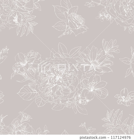 Hand drawn pencil graphic illustration seamless pattern of vintage flowers 117124976