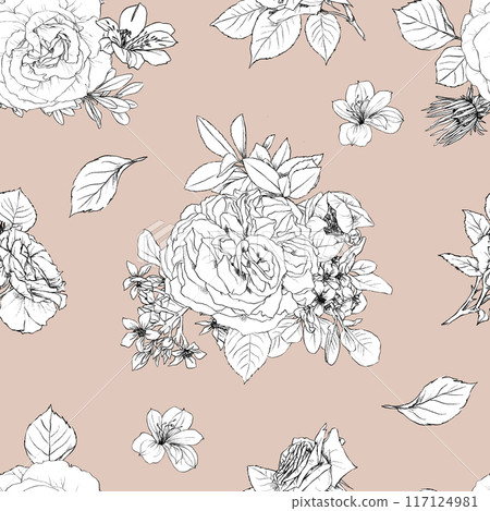 Hand drawn pencil graphic illustration seamless pattern of vintage flowers 117124981