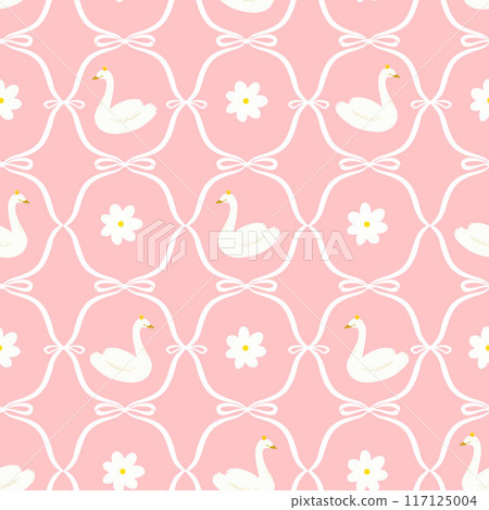 Beautiful seamless pattern in old vintage retro style with ornament and swan illustrations. Wallpaper print design. Stock illustration. 117125004