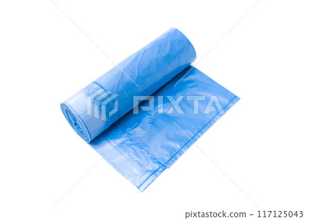Roll of blue plastic garbage bags isolated on white background 117125043