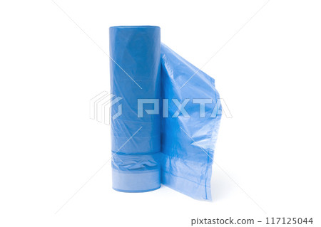 Blue roll of garbage bags isolated on white background 117125044