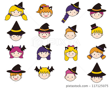 穿著萬聖節服裝的兒童的圖標插圖，帶有線條 117125075