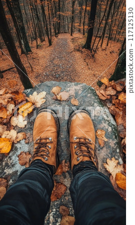 View from above of boots walking on an autumn path. Fall, first person perspective. Vertical banner 117125130