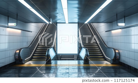 Empty advertising billboard stands between two escalators in subway station. Mockup for commercials Empty advertising billboard stands between two escalators in subway station. Mockup for commercials 117125174