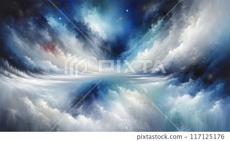 2025 彩色日曆 - 11 月在閃亮的藍色夜空和雲彩中 - 一幅夢幻般的風景畫，行星反射在海面上 117125176