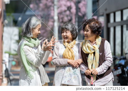 Three senior women standing and talking 117125214