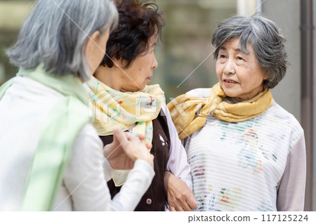 Three senior women standing and talking 117125224