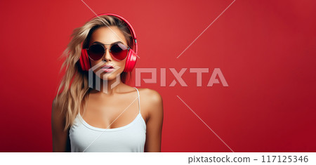 Portrait of a young woman wearing hightech equipment .glasses and headphones on red background 117125346