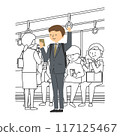 Illustration of a man in a suit holding onto a strap while looking at his smartphone and riding a train 117125467