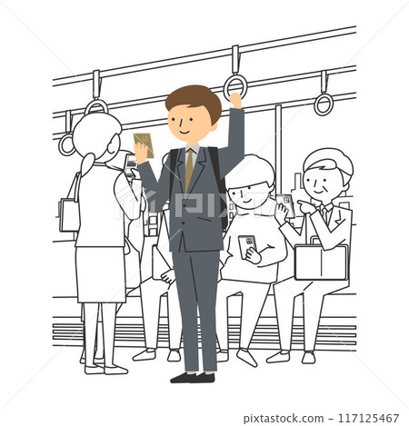 Illustration of a man in a suit holding onto a strap while looking at his smartphone and riding a train Illustration of a man in a suit holding onto a strap while looking at his smartphone and riding a train 117125467