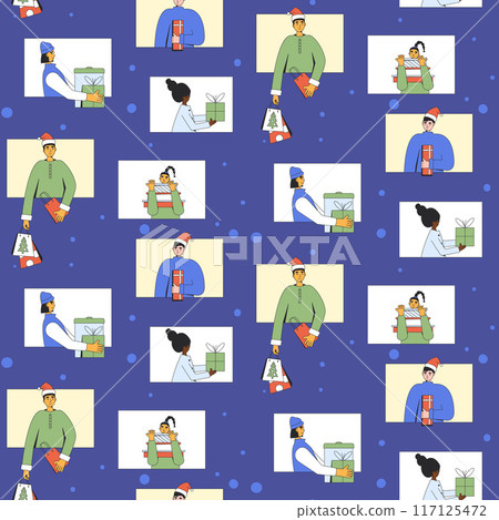 Christmas party online seamless pattern. Happy New Year characters exchange gifts surface design background. Vector outline flat illustration. Christmas party online seamless pattern. Happy New Year characters exchange gifts surface design background. Vector outline flat illustration. 117125472