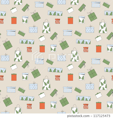 Christmas presents seamless pattern. Happy New Year various gifts surface design background. Vector outline flat illustration. Christmas presents seamless pattern. Happy New Year various gifts surface design background. Vector outline flat illustration. 117125473