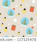 Christmas bauble seamless pattern. Presents, snow globe, Christmas tree and lights. Happy New Year surface design background. Vector outline flat illustration. 117125478