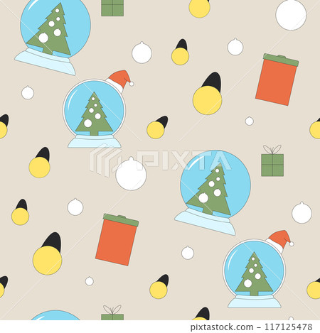 Christmas bauble seamless pattern. Presents, snow globe, Christmas tree and lights. Happy New Year surface design background. Vector outline flat illustration. 117125478