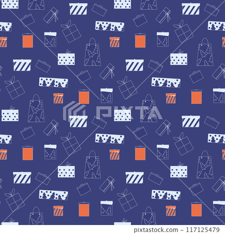 Christmas presents seamless pattern. Happy New Year gifts surface design background. Vector line art flat illustration. 117125479