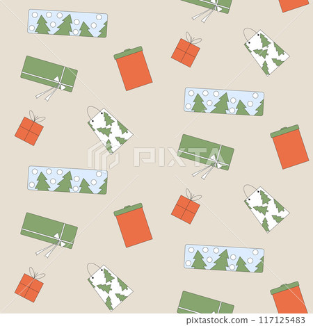 Christmas presents seamless pattern. Happy New Year various gifts surface design background. Vector outline flat illustration. 117125483