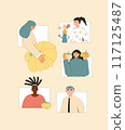 People with pumpkins set. Autumn ripe vegetables harvest characters. Vector outline illustration. 117125487