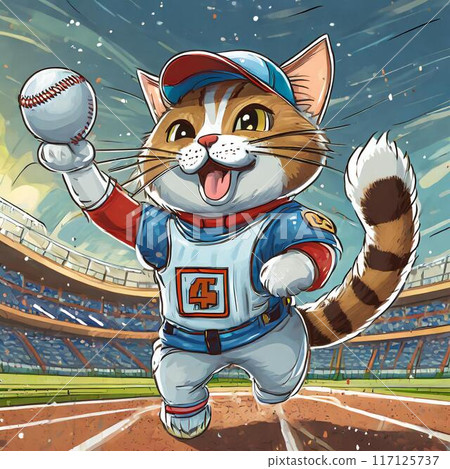 Illustration of a cat playing baseball 117125737