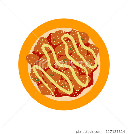 Crispy fried chicken vector illustration. Spicy Korean chicken bites with sauce served on round plate. Delicious asian street food dish drawing isolated on white background for menu, poster, card 117125814