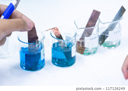 Electroplating experiment in chemistry laboratory. Electroplating experiment in chemistry laboratory. 117126249
