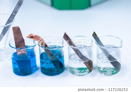 Electroplating experiment in chemistry laboratory. Electroplating experiment in chemistry laboratory. 117126252