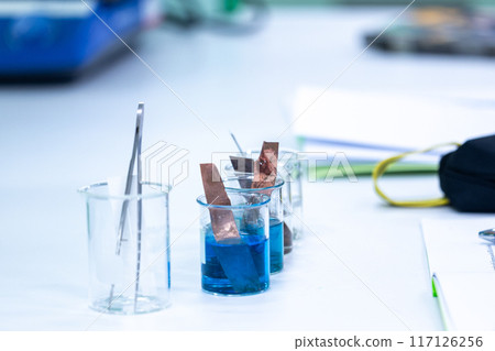 Electroplating experiment in chemistry laboratory. 117126256