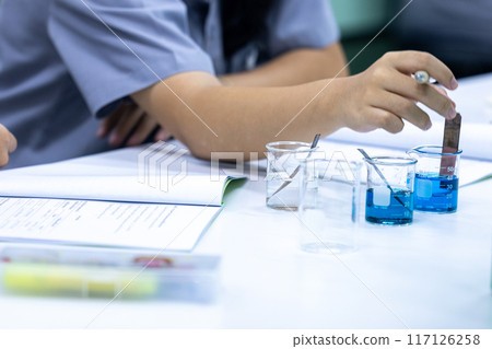 Electroplating experiment in chemistry laboratory. Electroplating experiment in chemistry laboratory. 117126258