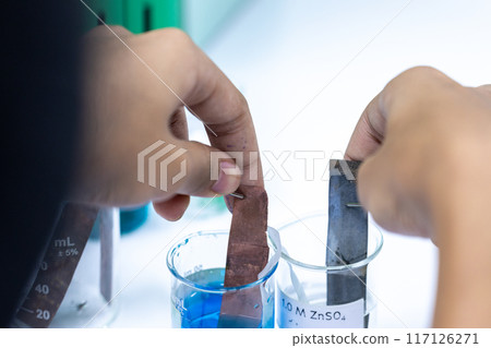 Electroplating experiment in chemistry laboratory. Electroplating experiment in chemistry laboratory. 117126271