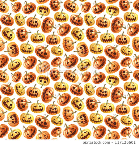 Halloween traditional smiling spooky pumpkins seamless pattern. Watercolor illustration. Hand drawn orange scary Halloween pumpkins on white background. Holiday decor for wrapping, fabric, textile 117126601