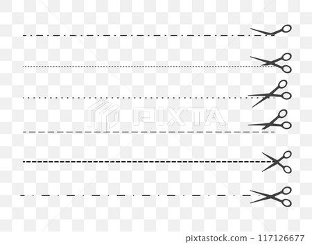 Cut here. Black scissors cutting. Set of cut dash lines isolated on white background. Simple Vector illustration. Shear cutting paper coupon or the cloth label along the line Cut here. Black scissors cutting. Set of cut dash lines isolated on white background. Simple Vector illustration. Shear cutting paper coupon or the cloth label along the line 117126677
