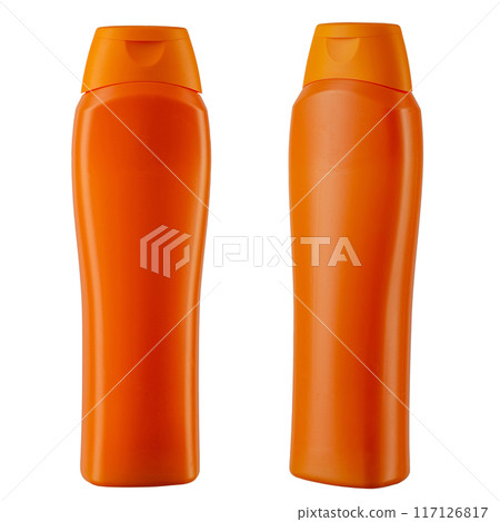 Two orange bottles with detergent. Isolated on white background. Two orange bottles with detergent. Isolated on white background. 117126817
