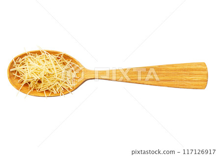 Filini raw pasta in wooden spoon isolated on white background. 117126917
