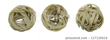 Set raw tagliatelle verdi green pasta with spinach isolated on white background. 117126918