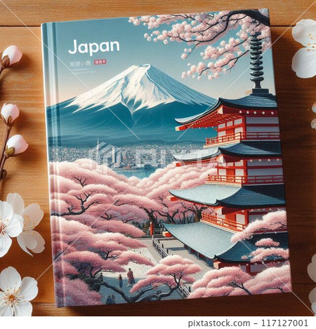 Illustration of a spring red tower and cherry blossoms and a five-story pagoda background 117127001