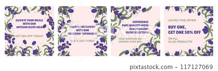 Promotional Square Social Media Post Collection with Purple Olive Branches and Green Leaves. Highlight special offers such as discounts and free shipping, emphasizing premium quality products Promotional Square Social Media Post Collection with Purple Olive Branches and Green Leaves. Highlight special offers such as discounts and free shipping, emphasizing premium quality products 117127069