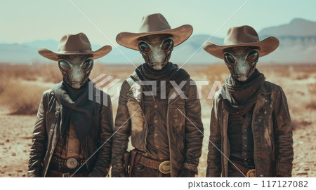 Three aliens wearing cowboy hats and clothing stand in a desert landscape. Wild West, western style 117127082
