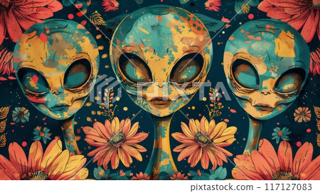 Aliens surrounded by floral patterns, bright and vibrant colors. Retro futurism, sci-fi inspiration 117127083