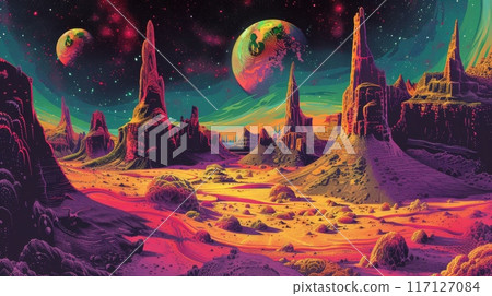 Psychedelic western landscape with rock formations, desert, and alien planets. Surreal art of 70s Psychedelic western landscape with rock formations, desert, and alien planets. Surreal art of 70s 117127084