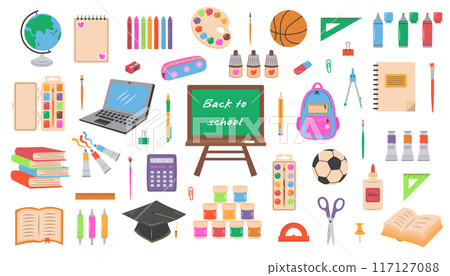 Big set of school supplies and stationery. Cute accessories for study, school, university. Back to school. Big set of school supplies and stationery. Cute accessories for study, school, university. Back to school. 117127088