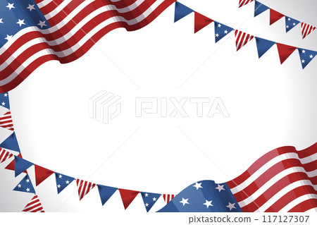 American flag and pennant flag on border of white background . Vector . American flag and pennant flag on border of white background . Vector . 117127307