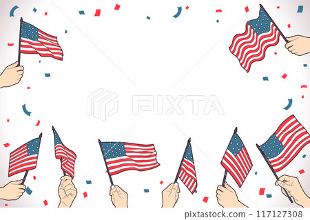 Hand holding and waving america flag on white isolated background . Vector . 117127308